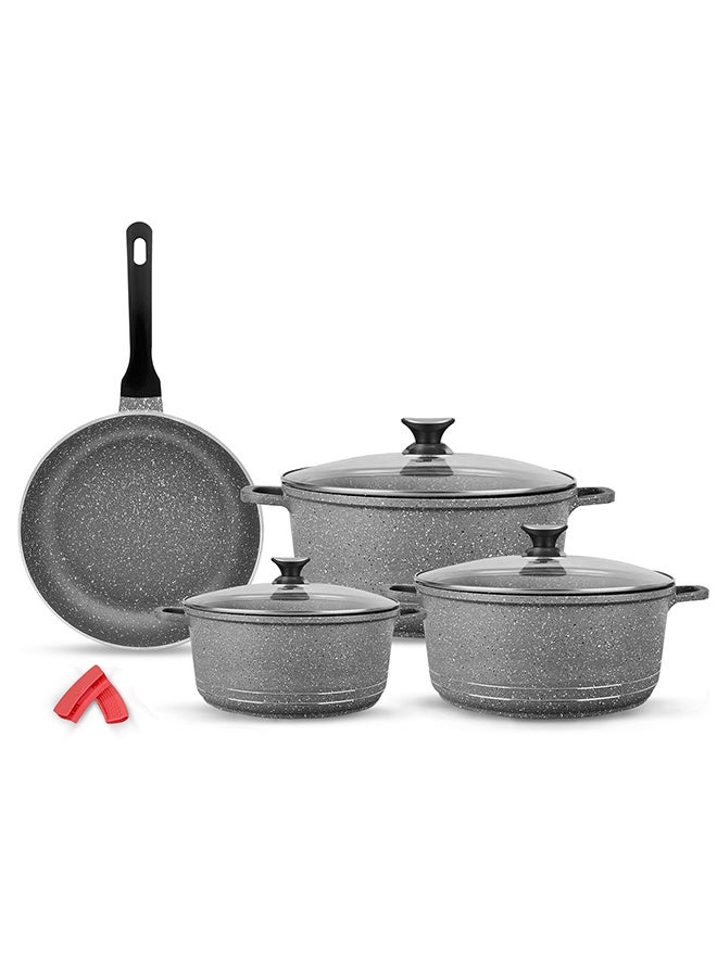 SONEX Granita 9-Piece Non-Stick Cookware Gift Set – Grey Marble Coated Die-Cast Aluminium Pots with Lids & Fry Pan, Durable, Easy to Clean, Scratch-Resistant, 2L to 9L Cooking Capacity - Image 1